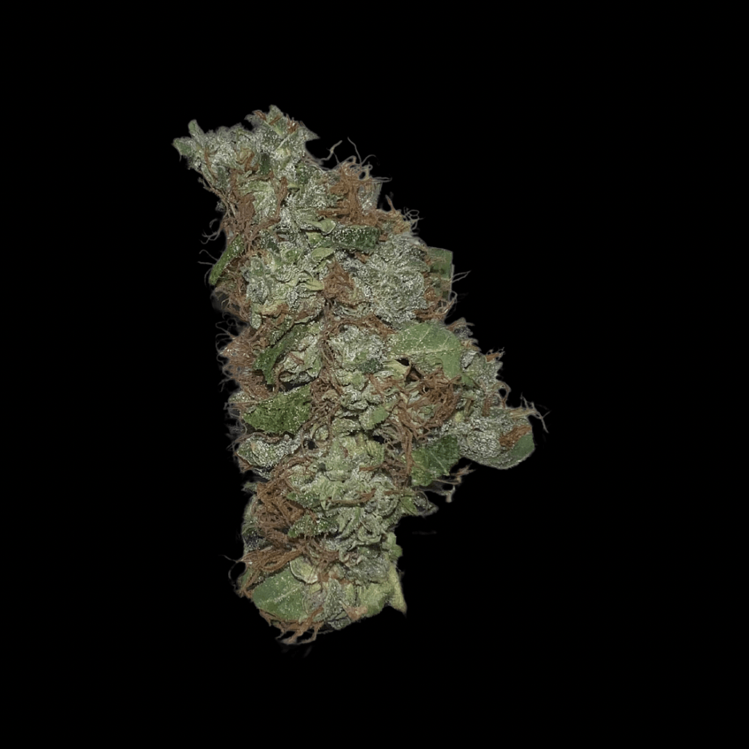 Lähikuva Mad Kush CBD/CBG kukinnosta, jossa näkyy tiheät, hartsiset nuput ja tummat lehdet, korostaen tuotteen luonnollista kauneutta.