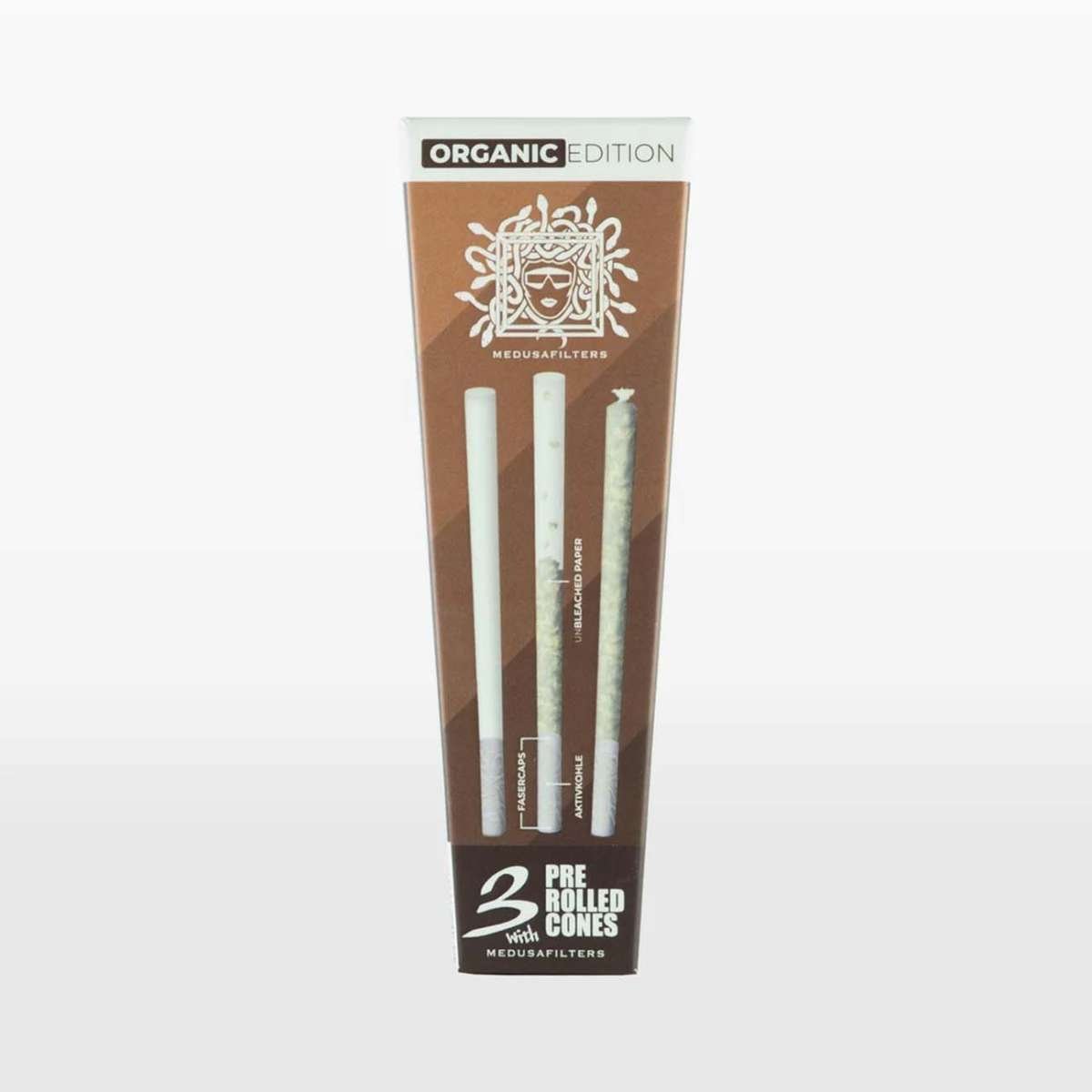 Lähikuva MEDUSAFILTERS Prerolled Cones -valmiskartioista, jotka ovat tyylikkäästi pakattuna ja valmiina täytettäväksi laadukkailla yrteillä. Pakkaus heijastaa brändin premium-laatua.