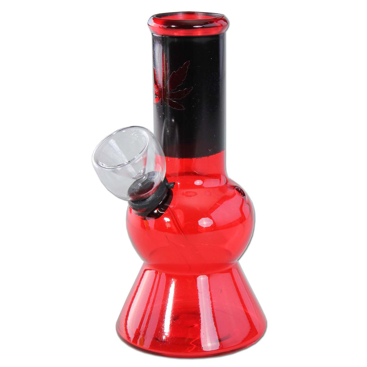 Lähikuva 13cm Mini Bong Hampunlehti -vesipiipusta, jossa on läpinäkyvä lasirunko ja vihreä hampunlehtikuviointi sivulla, valkoista taustaa vasten.