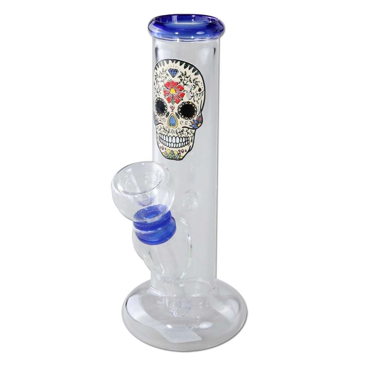 Mini Glass Bong SKULL blue -lasibongi, jossa on sininen kallokuvio ja kompakti muotoilu, kuvattuna valkoisella taustalla.