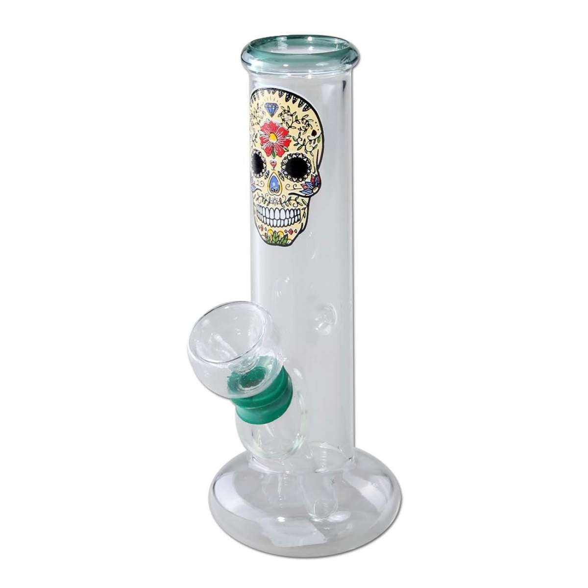 Mini Glass Bong SKULL green pääkallokuvioinnilla tummanvihreässä borosilikaattilasissa.