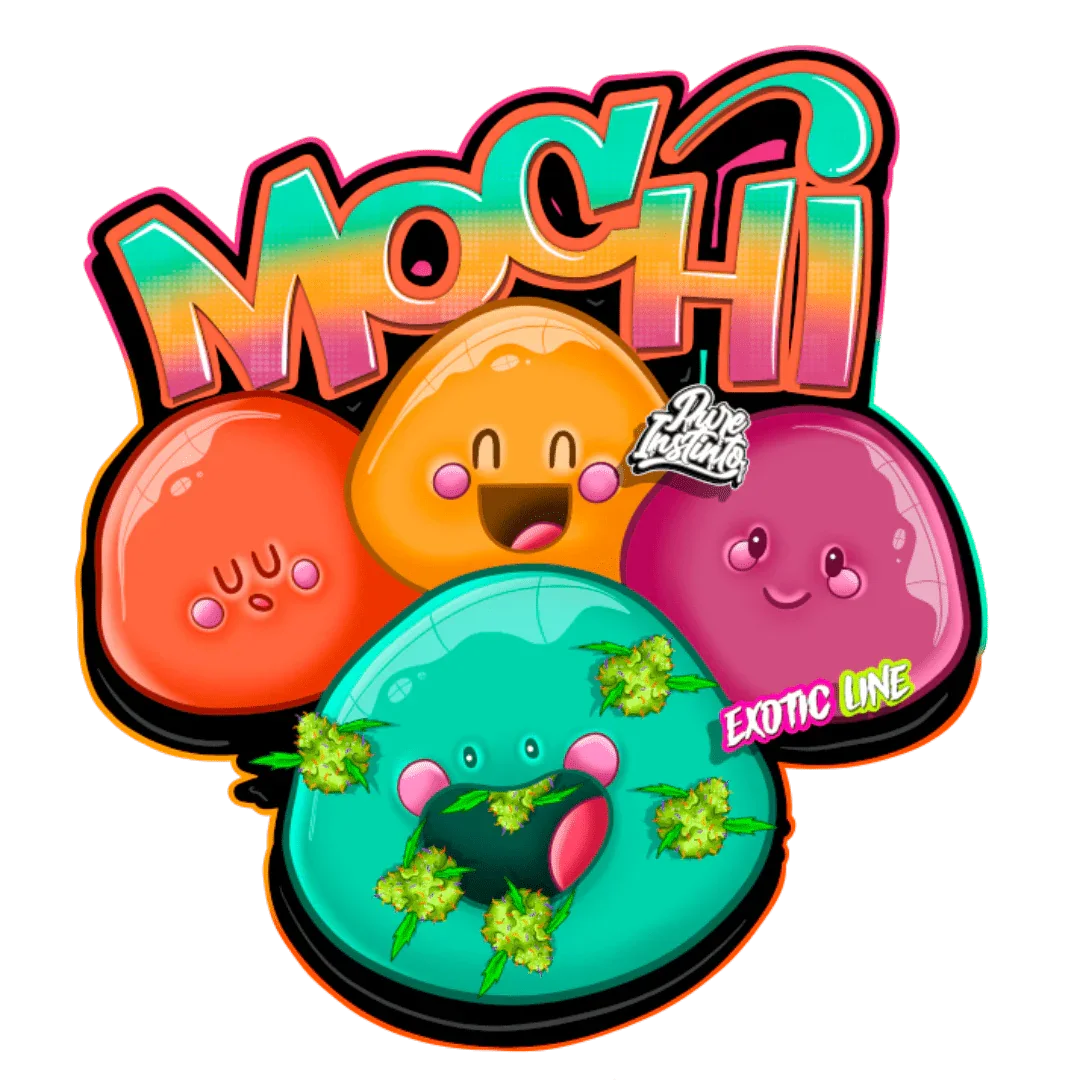 Mochi Pure Instinto -kannabissiemenet elegantissa pakkauksessa, korostaen laadukasta genetiikkaa ja keräilyarvoa.
