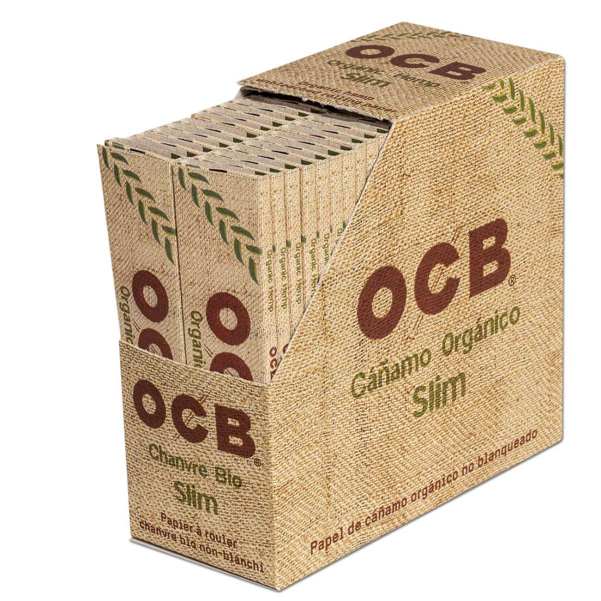 Kuva OCB Organic Hemp Papers King Size Slim -rullapaperipakkauksesta, jossa näkyy vihreäsävyinen pakkaus, OCB-logo ja "Organic Hemp" -teksti.