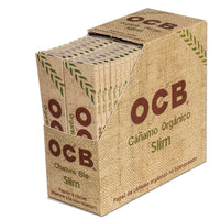 Kuva OCB Organic Hemp Papers King Size Slim -rullapaperipakkauksesta, jossa näkyy vihreäsävyinen pakkaus, OCB-logo ja "Organic Hemp" -teksti.