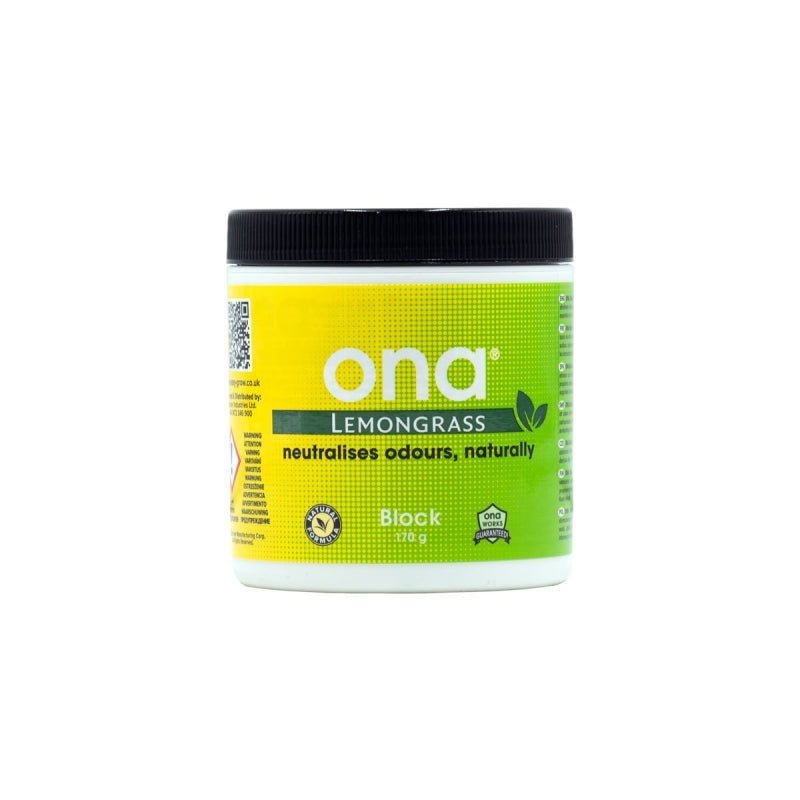 ONA Block Lemongrass 170g hajunpoistaja, valkoinen purkki sitruunaruohon kuvalla, neutraloi tehokkaasti hajuja pienissä tiloissa.