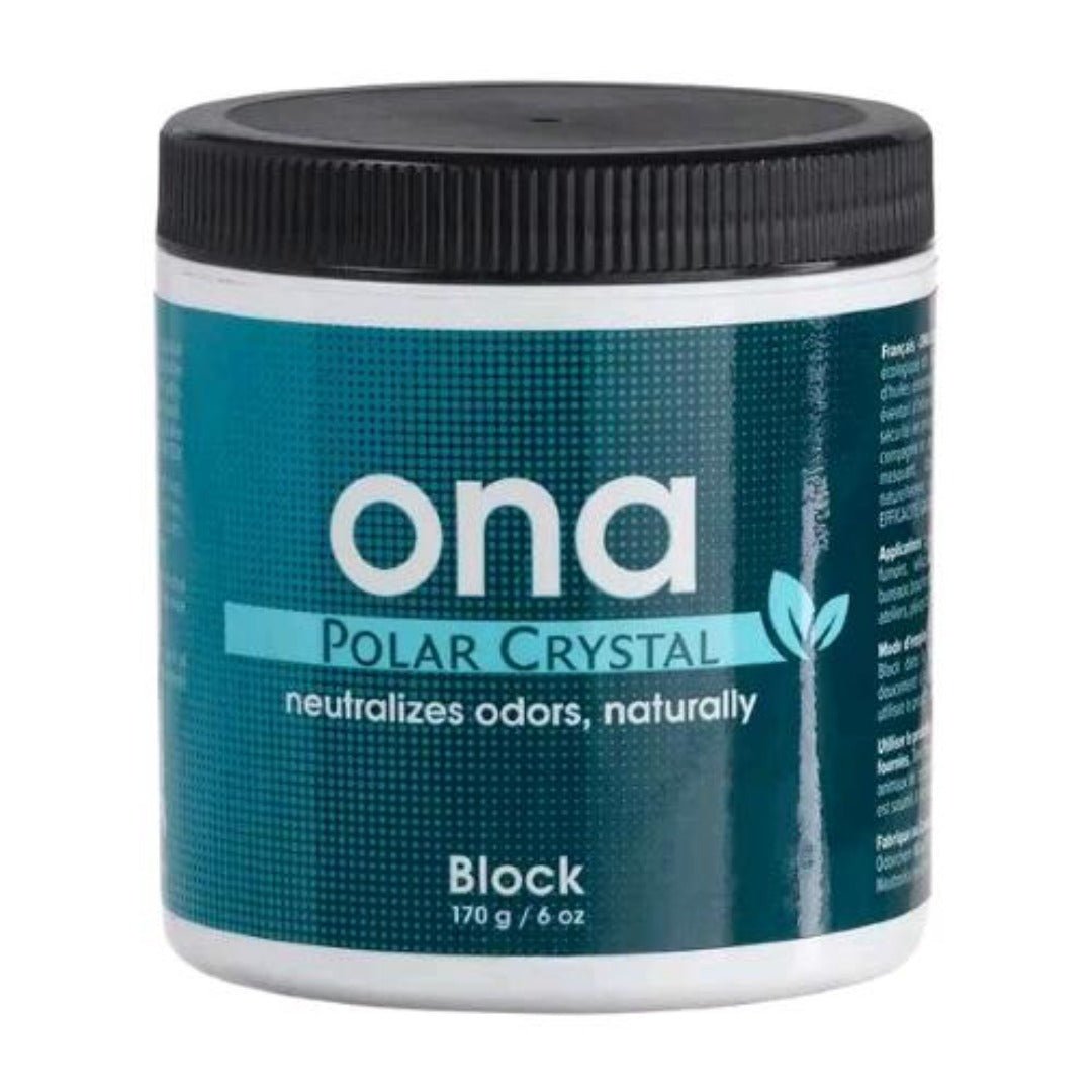 Kuva ONA Block Polar Crystal 170g -hajunpoistajasta, joka on pieni sinivalkoinen purkki valkoisella kannella, symboloiden raikasta ja puhdasta ilmaa hajunpoiston jälkeen.