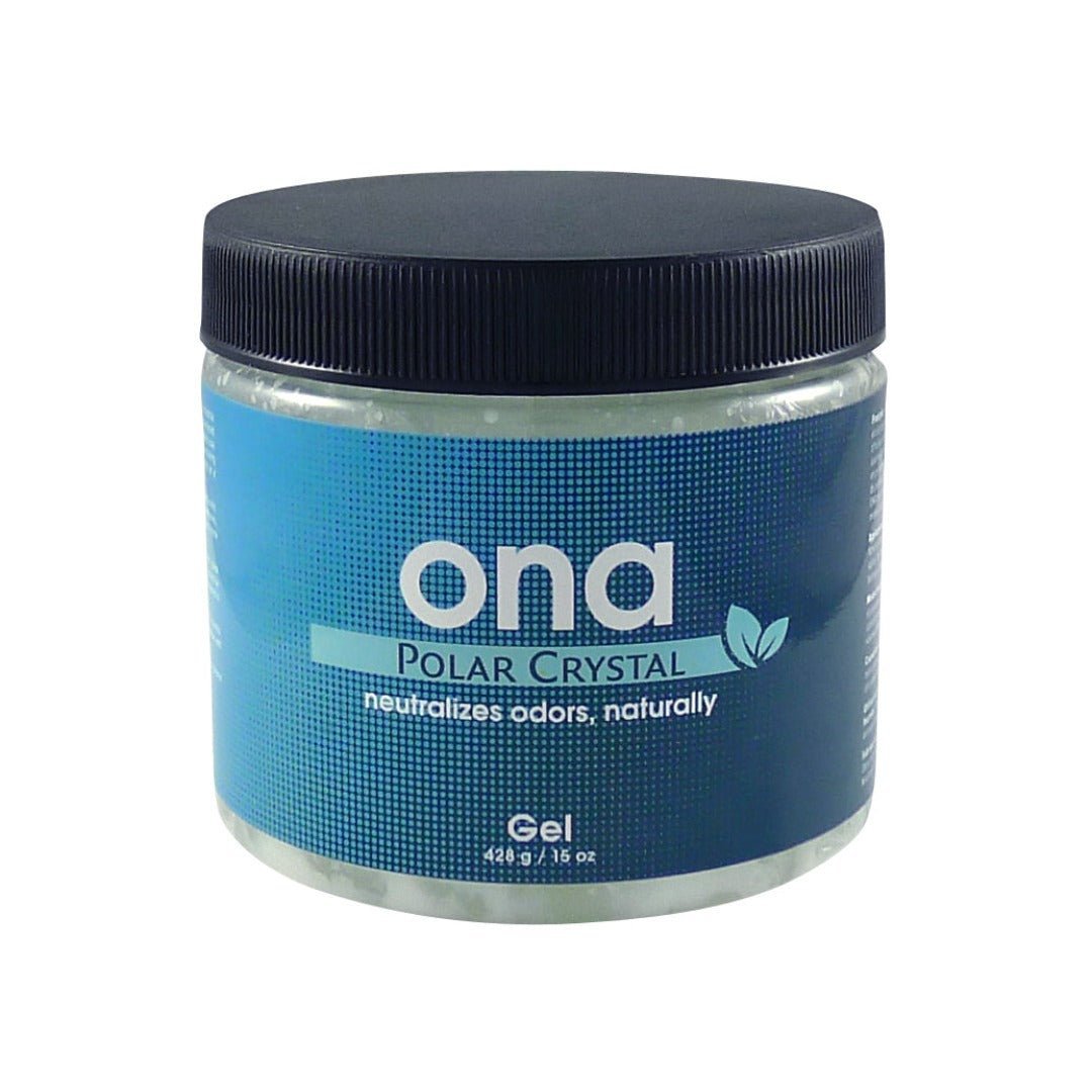 ONA Gel Polar Crystal 400g purkki, avattu kansi näkyvissä, kuvastaa raikasta hajunpoistoa sisätiloissa.
