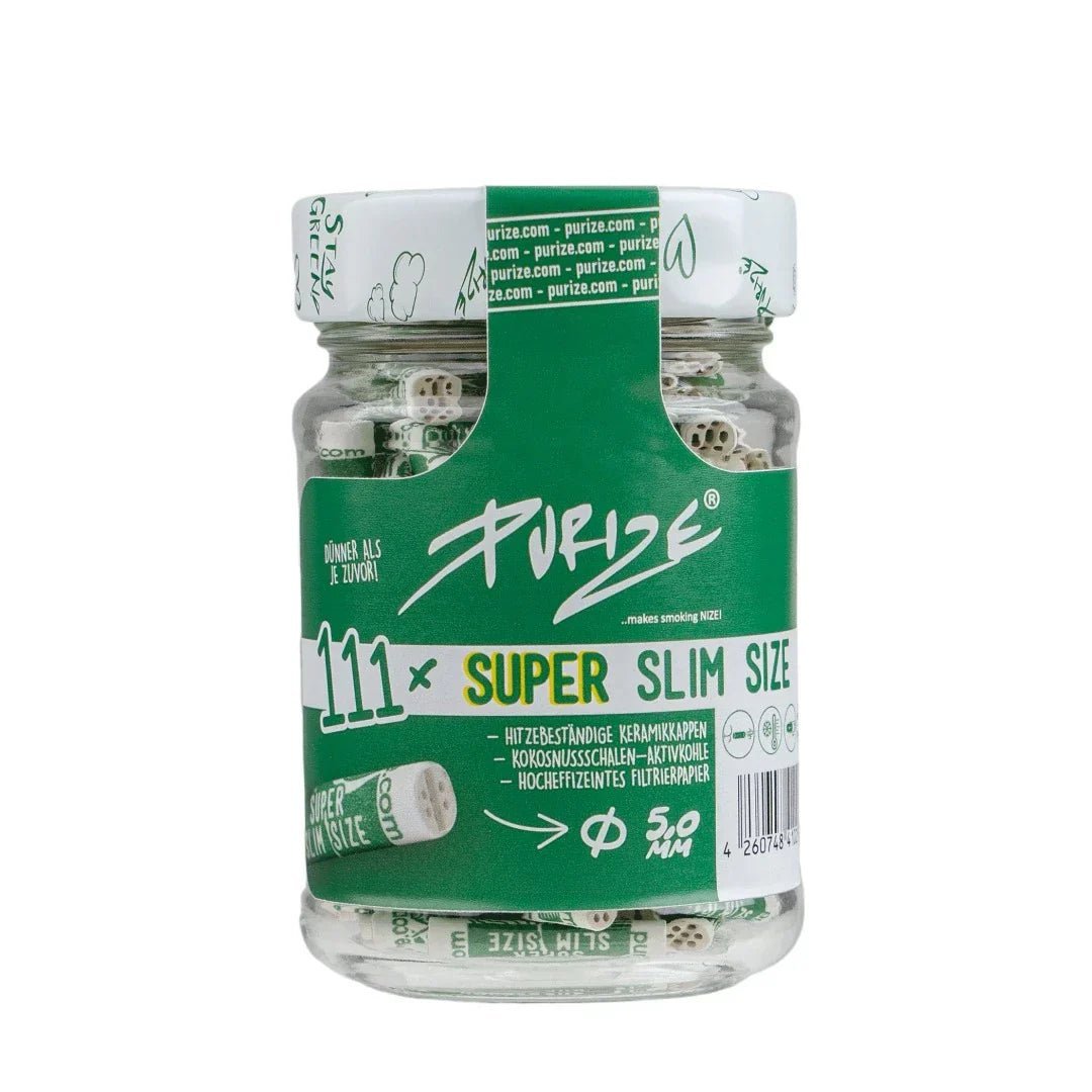 PURIZE SUPER Slim 5mm aktiivihiilisuodattimet tyylikkäässä, kierrätettävässä lasipurkissa, 111 kappaletta.