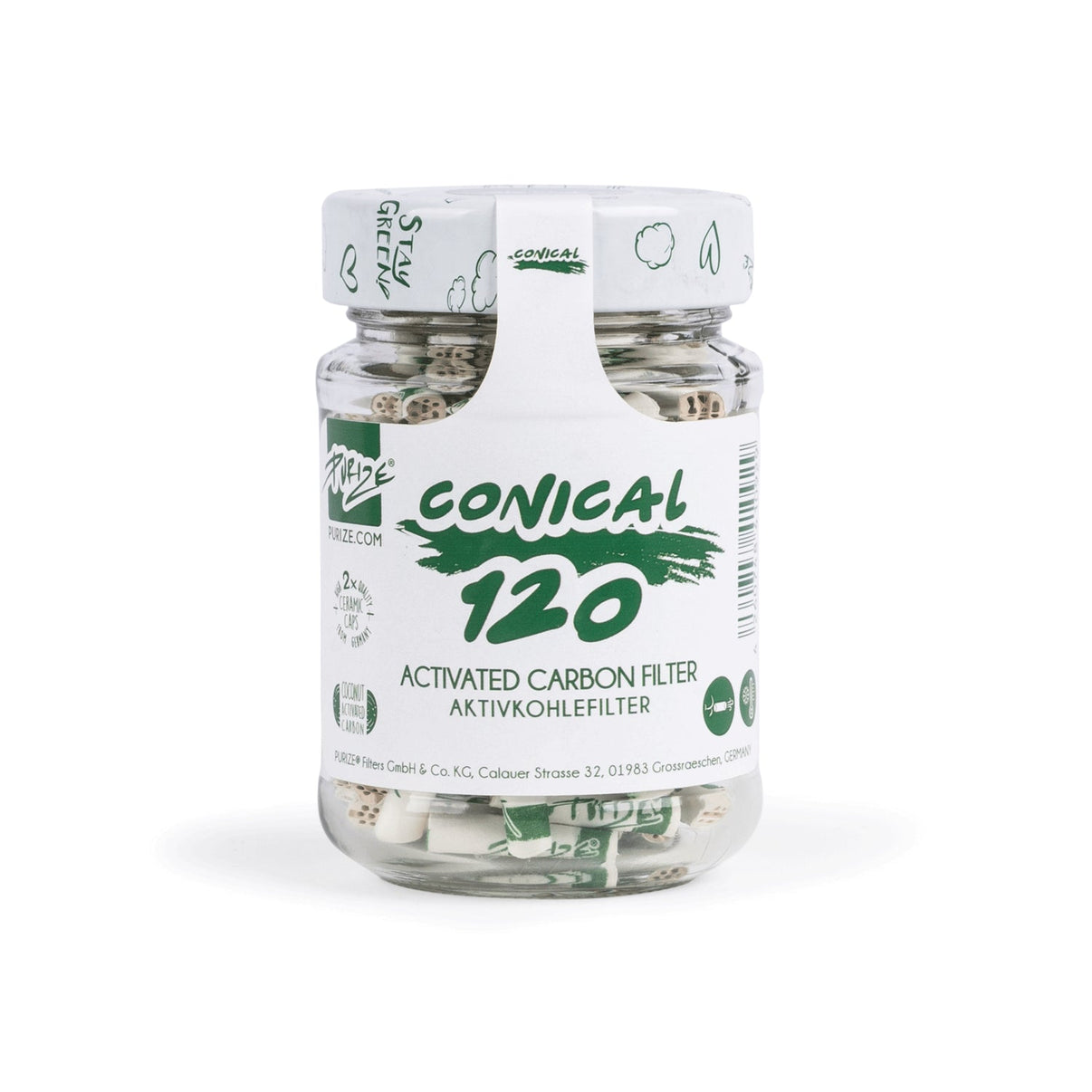 Lähikuva PURIZE® Conical XTRA Slim -aktiivihiilisuodattimista uudelleenkäytettävässä lasipurkissa, korostaen suodattimen kartiomaista muotoa ja keraamisia päitä.