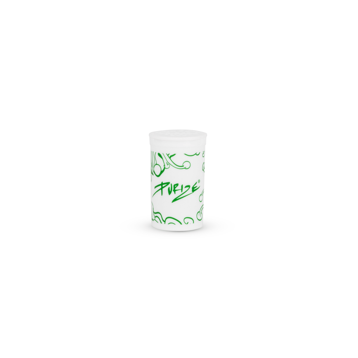 Kuva PURIZE® Pop Up Dose -säilytyspurkista, joka on avoimena ja esittelee sen tiiviin ja kätevän pop-up-mekanismin. Musta, pyöreä purkki, jonka kyljessä on PURIZE-logo.