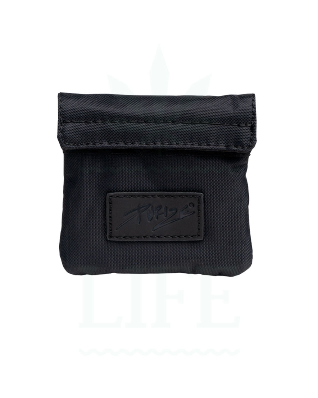 PURIZE® Smell-Proof Bag XS - pieni musta kangaspussi, jossa on valkoinen PURIZE-logo ja vihreä PURIZE-tunnus. Pussi on suljettu vahvalla vetoketjulla ja tarranauhalla.