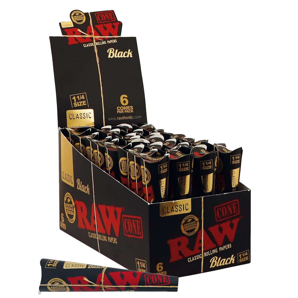 Kuva RAW BLACK Conical Tubes 1 1/4 -tuubipakkauksesta, jossa kuusi tyylikästä mustaa kartiomaista säilytysputkea esitäytetyille yrttikartioille.