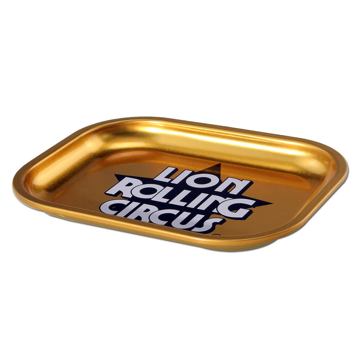 Rollin Tray S Lion Rolling Circus -väsäysalusta, jossa värikäs ja yksityiskohtainen freaky-sirkusteemainen grafiikka ja Lion Rolling Circus -logo. Tarjotin on suorakaiteen muotoinen ja valmistettu metallista.