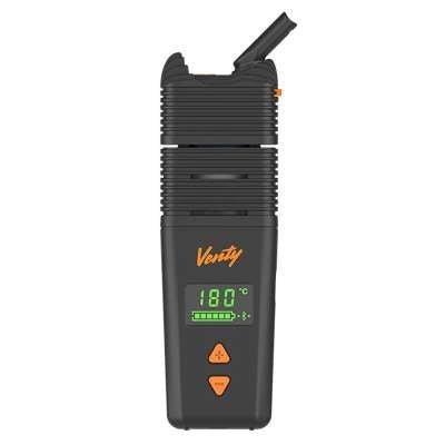 Lähikuva elegantista ja ergonomisesta Storz & Bickel VENTY Vaporizerista, esillä sen moderni muotoilu ja digitaalinen näyttö.