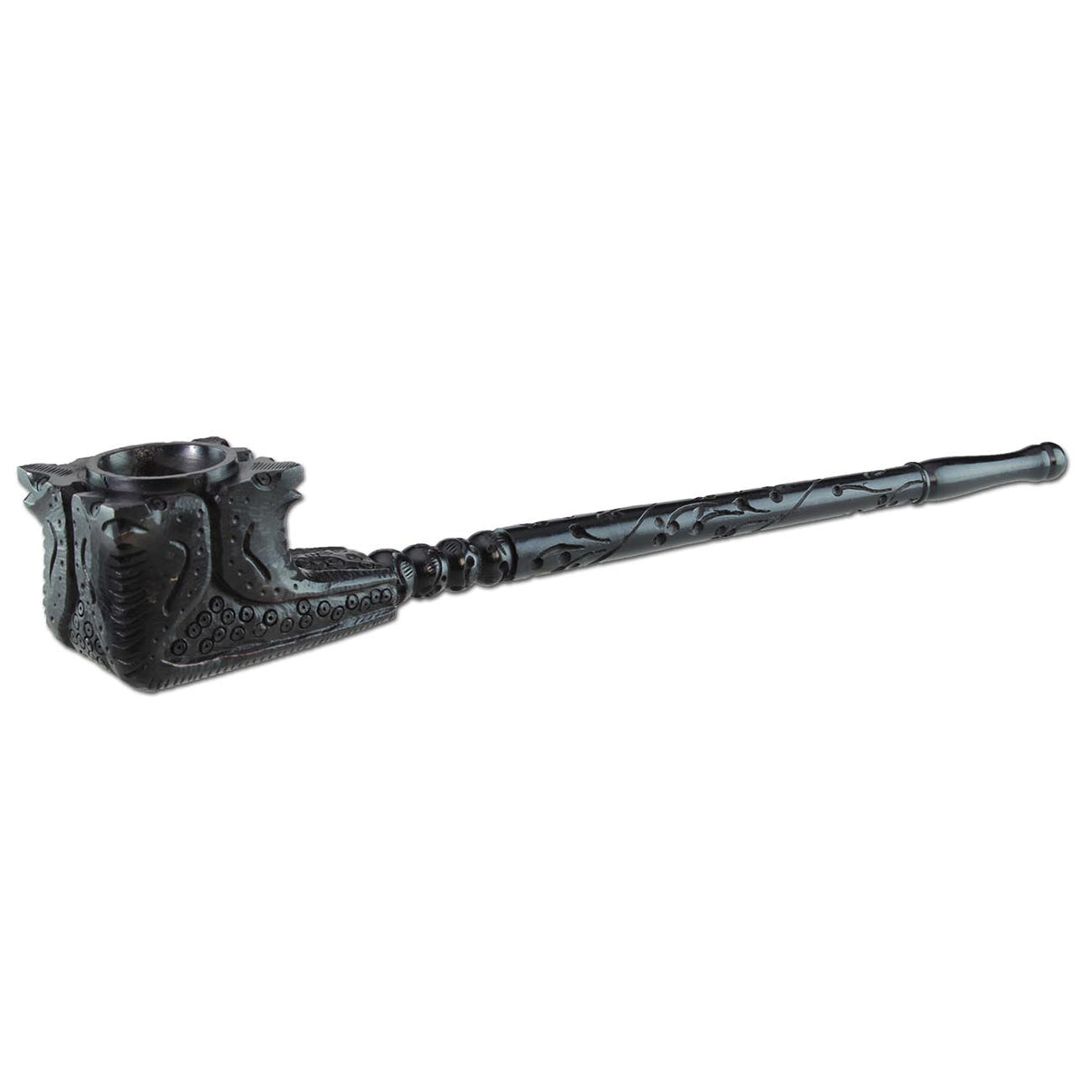 Kuva tummasta, eebenpuusta valmistetusta Ebony Puupiipusta 33cm pitkänä, vaalealla taustalla korostaen puun syvää väriä ja eleganttia muotoilua.